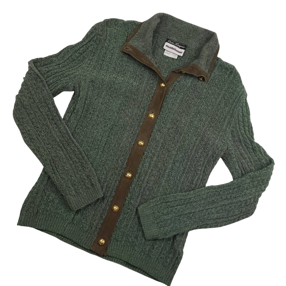 Vintage Salvatore Ferragamo Cable Knit Cardigan Womens Large Green Brown Italy